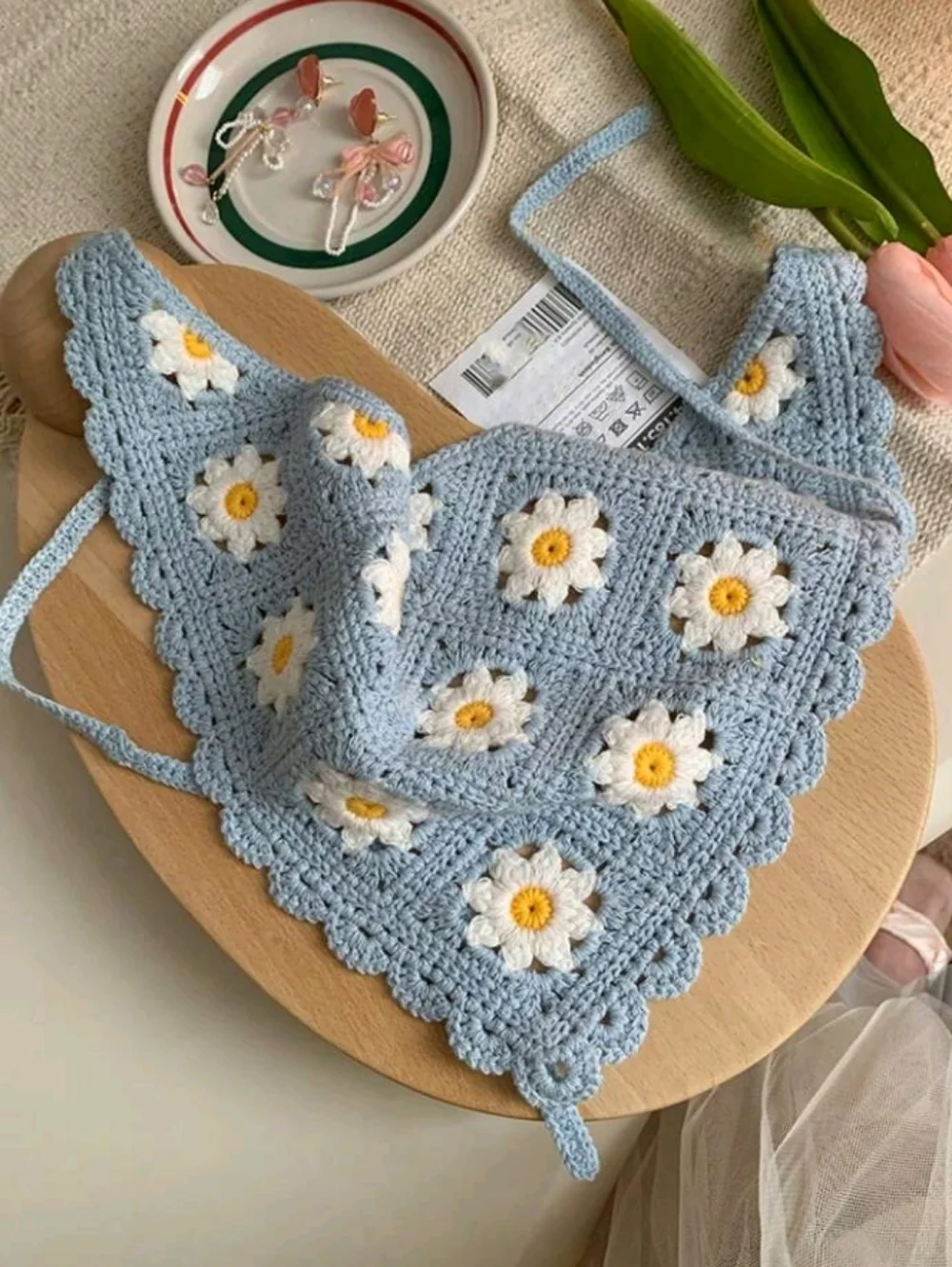 Crochet Blue Daisy Bandana Boho Scallop Hair Scarf Cottagecore Summer